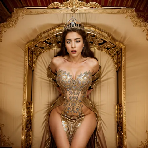 In the grand palace, a princess sat upon her illustrious throne, donning a breathtaking prom dress and an elegant crown. The room was adorned with opulent decorations, and the camera angle captured a frontal view from above, with the princess looking direc...