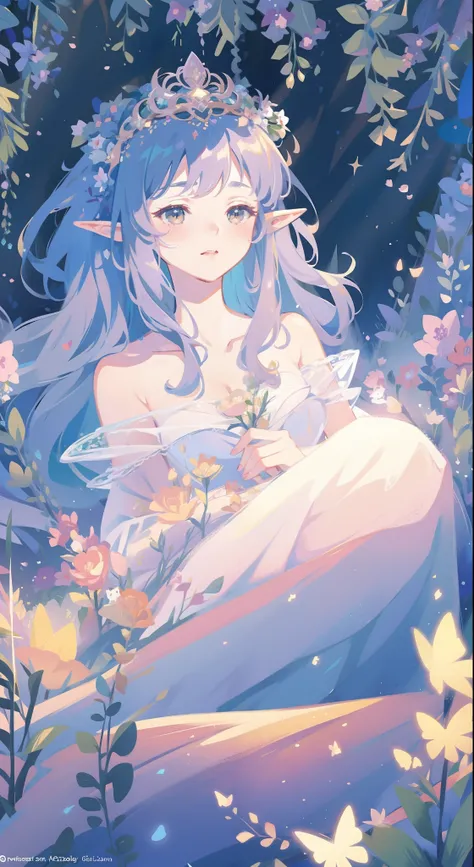 high high quality，masterpiece，Delicate facial features，Delicate hair，Delicate eyes，Delicate hair，animemanga girl，deer antlers，Black color hair，florals, Dreamy style, Fantastic flower garden，fantasy style clothing,Romantic dress,  beautiful and elegant elf ...