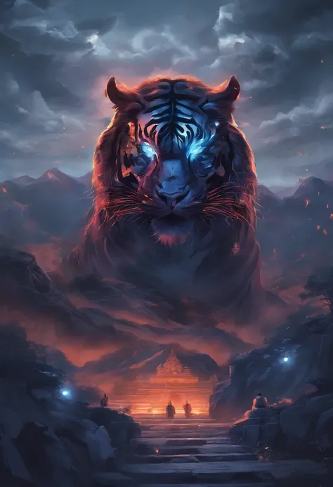 China-style，Chinese mythology，Black Tiger，roar，ferocious，gigantic，Eyes glow blue，glow effects，High hills，cloudy fog，the night，Medium View Scene，body complet, like a， highly detailed surreal vfx，oc render， - AR 16:9 --q 2 --s 1000