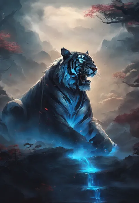 China-style，Chinese mythology，Black Tiger，roar，ferocious，gigantic，Eyes glow blue，glow effects，High hills，cloudy fog，the night，Medium View Scene，body complet, like a， highly detailed surreal vfx，oc render， - AR 16:9 --q 2 --s 1000