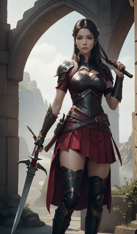 A woman in a red skirt holding a sword, cgsociety contest winner, beautiful avatar pictures, andy park, unreal engine render + a goddess, 5 e, [[fantasy]], in leather armor, fantasy matte painting，cute, high quality fantasy stock photo