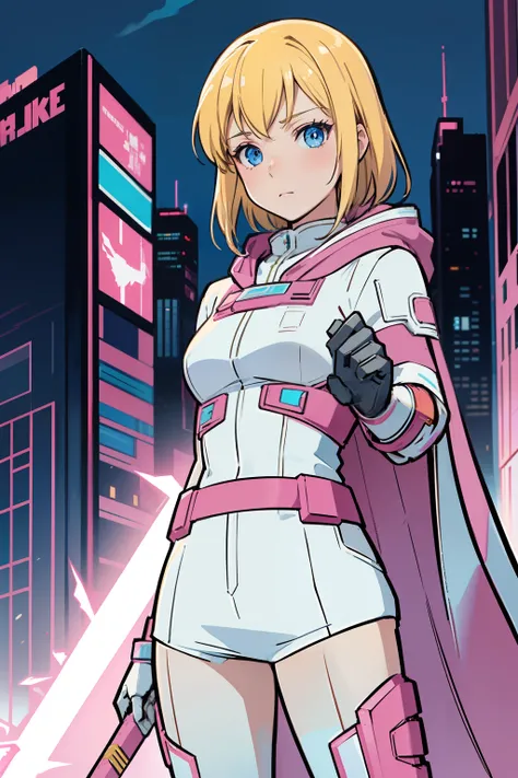 solo, 1girl, (masterpiece), ((16 year old appearance)), Blonde hair, Medium hair, blue eyes, anime girl, pink super hero uniform with white pants, cloak, small breasts, tech Gauntlet, cyberpunk city, nigth