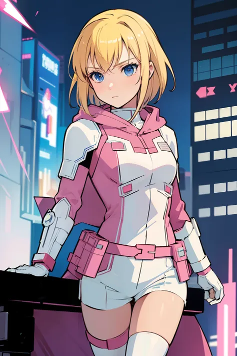 solo, 1girl, (masterpiece), ((16 year old appearance)), Blonde hair, Medium hair, blue eyes, anime girl, pink super hero uniform with white pants, cloak, small breasts, tech Gauntlet, cyberpunk city, nigth