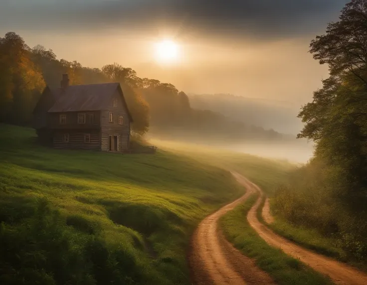 Distant farm house in vast hills, fog, sun rays, dirt path through dense forest foreground