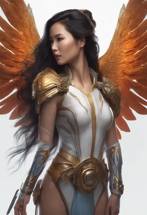 a beautiful Asian woman, with long hair, she has a cybernetic cannon on her right arm and two huge wings on her back, like the Archangel from the X-Men, she is standing in profile