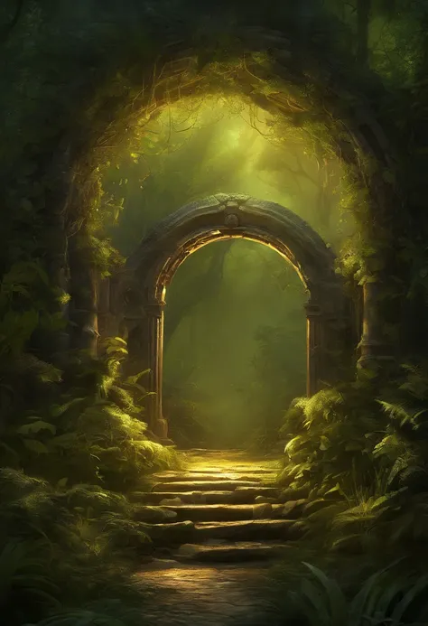 (Digital Artwork:1.3) of (Sketched:1.1) octane render of a mysterious dense forest with a large (magical:1.2) gate (portal:1.3) to the eternal kingdom, The gate frame is designed in a round shape, surrounded by delicate leaves and branches, with fireflies ...