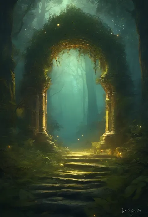 (Digital Artwork:1.3) of (Sketched:1.1) octane render of a mysterious dense forest with a large (magical:1.2) gate (portal:1.3) to the eternal kingdom, The gate frame is designed in a round shape, surrounded by delicate leaves and branches, with fireflies ...