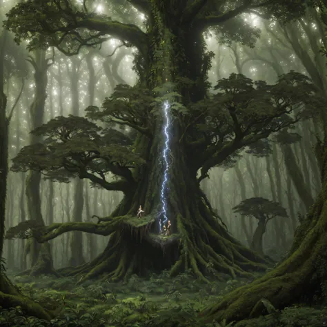 arbre de mana, (giant tree), magic forest, fantaisie, vert vif, nature, liane, rainforest, overgrown, amazing details, lighting ...