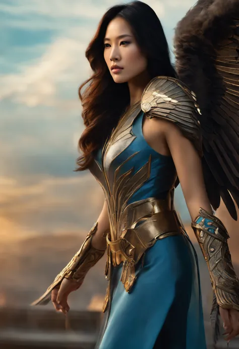 a beautiful Asian woman, with long hair, she has a cybernetic cannon on her right arm and two huge wings on her back, like the Archangel from the X-Men, she is standing in profile