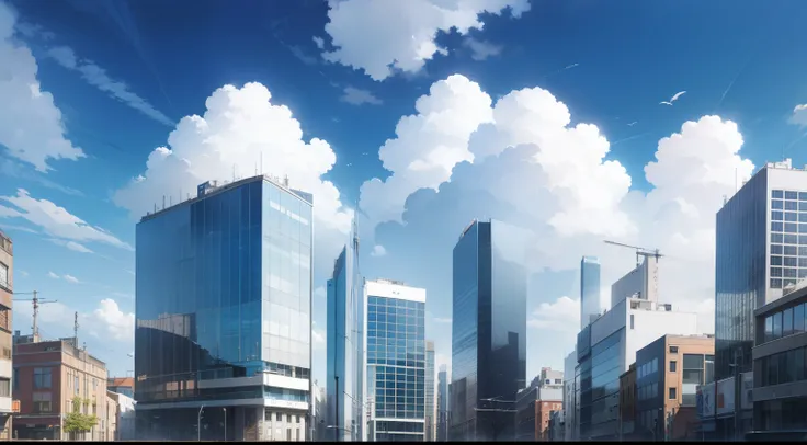 Blue sky and white clouds, City, many buildings.