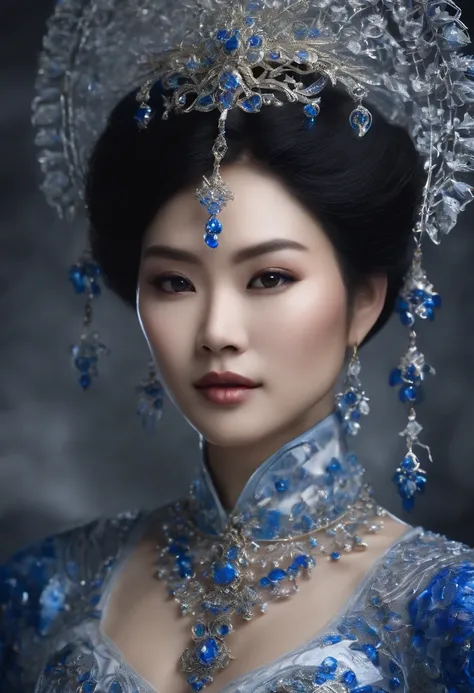 a beautiful Asian woman, with short hair, she wears translucent crystal armor and the wirework is blue and white, photorealistic