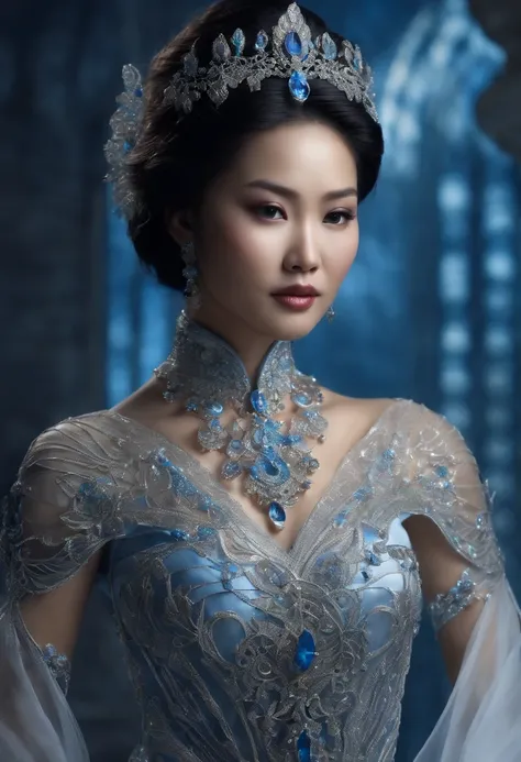 a beautiful Asian woman, with short hair, she wears translucent crystal armor and the wirework is blue and white, photorealistic