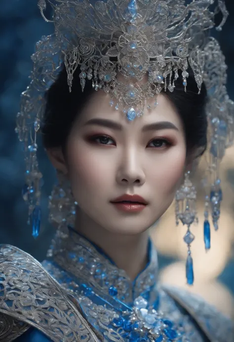 a beautiful Asian woman, with short hair, she wears translucent crystal armor and the wirework is blue and white, photorealistic