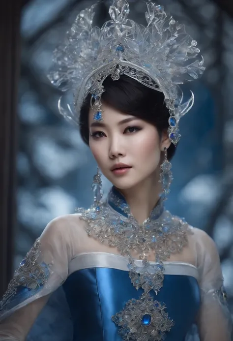 a beautiful Asian woman, with short hair, she wears translucent crystal armor and the wirework is blue and white, photorealistic