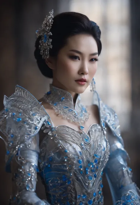 a beautiful Asian woman, with short hair, she wears translucent crystal armor and the wirework is blue and white, photorealistic