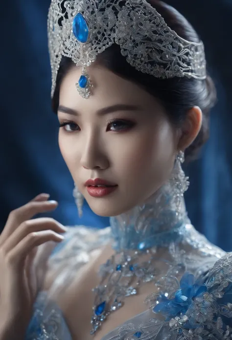 a beautiful Asian woman, with short hair, she wears translucent crystal armor and the wirework is blue and white, photorealistic