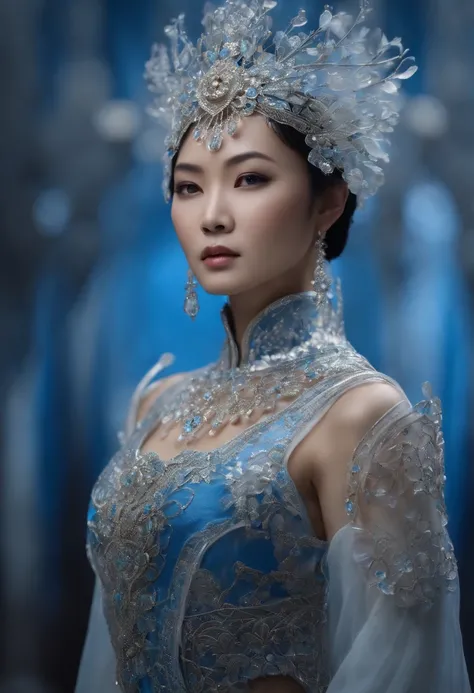 a beautiful Asian woman, with short hair, she wears translucent crystal armor and the wirework is blue and white, photorealistic