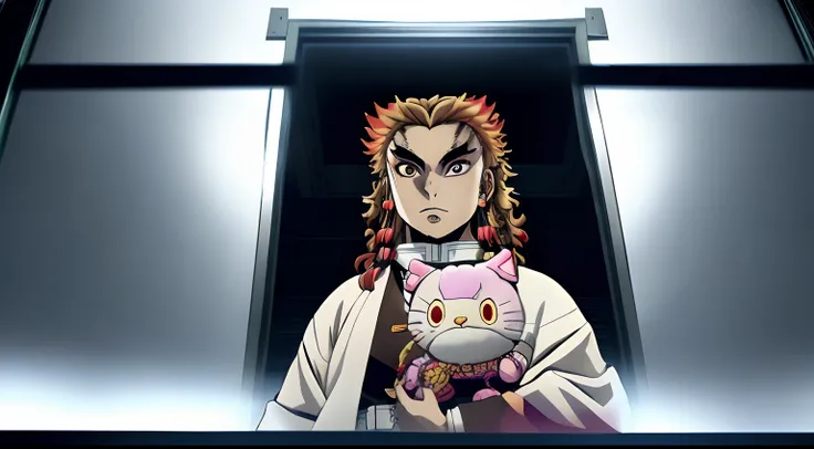 Kyōjurō Rengoku l from demon slayer, standing in an elevator while holding a hello kitty plushie in his hands looking through a fisheye lense