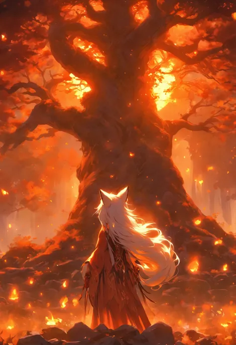 offcial art, Unity 8k wallpaper, Ultra detailed, Beautiful and aesthetic, Beautiful, Masterpiece, Mystery , emotive depth , Atmospheric , Supernatural , Best quality, Huge ancient fantasy tree , Burning tree  , A little girl dressed in white stands in fron...