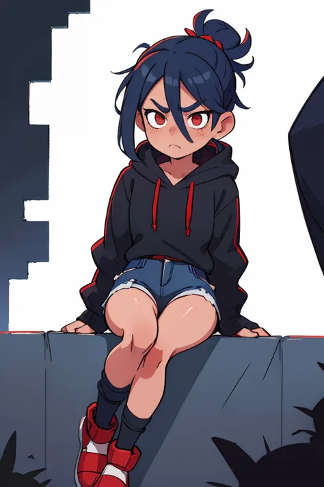 ((beste-Qualit, tmasterpiece)), 
1. menino, blue hair, Two ponytails on the head, Black Hoodie, red ripped jeans, Sad Mask on Face, prosthesis, Sits NP Beds, Background: Black.