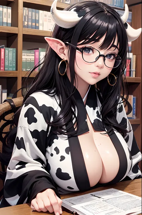 16K Ultra High Definition
Super detailed
The best of the best
Shiny detailed hair
Beautiful human woman with long hair
Super Big　plump meat
Black and white cow print kimono
Cow ears and cow small horns
Shiny skin
Red cheeks
Moisturized eyes
Wearing glasses...