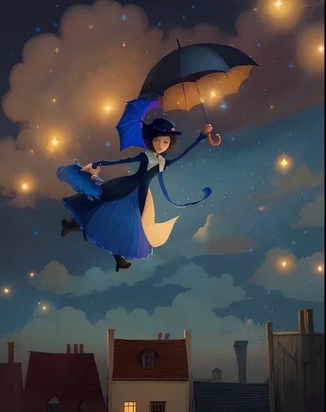 Theres a woman flying in the sky with an umbrella, Maria Poppins, inspirado em Ida Rentoul Outhwaite, inspirado em Esao Andrews, inspirado em Jakub Schikaneder, Directed by: Zsuzsa Máthé, illustration!, por Paul Bird, illustration", inspirado em Catrin Wel...