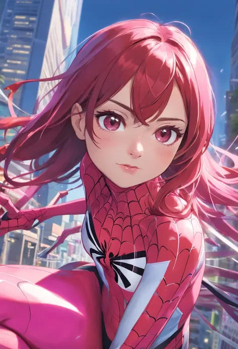 (spider woman),pink and white suit colors,(best quality,4k,8k,highres,masterpiece:1.2),(realistic,photorealistic,photo-realistic:1.37),ultra-detailed,portrait,sharp focus,professional,vivid colors,(HDR:1.1),detailed eyes,beautiful detailed lips,long eyelas...