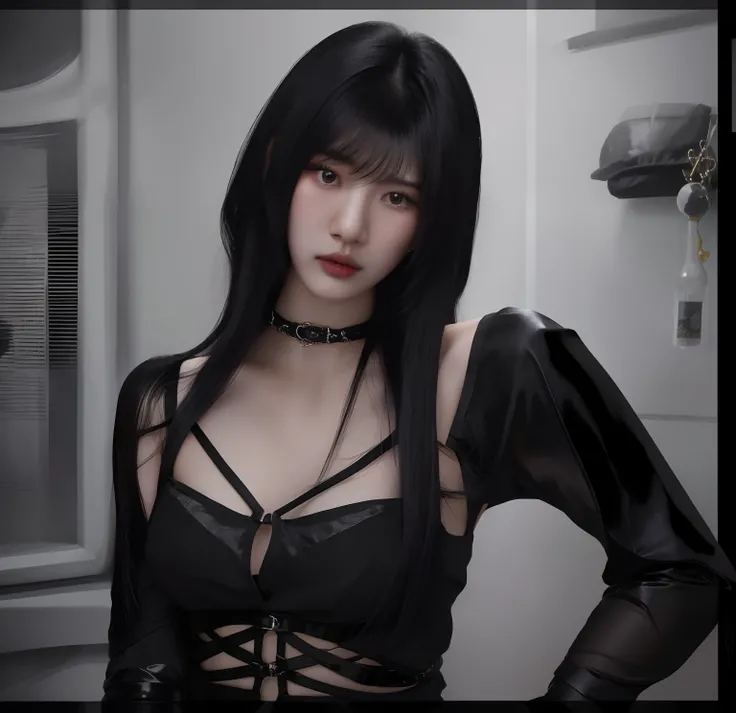 a close up of a woman with a black top and a black shirt, sensual gloomy style, second life avatar, reallusion character creator, detailed long black hair, seductive. highly detailed, style game square enix, upper body avatar, fashion gameplay screenshot, ...