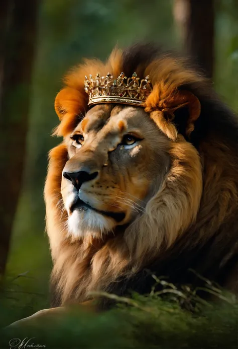 Lion of the tribe of Judah he stands in a beautiful forest, wore a beautiful crown with gold and precious stones