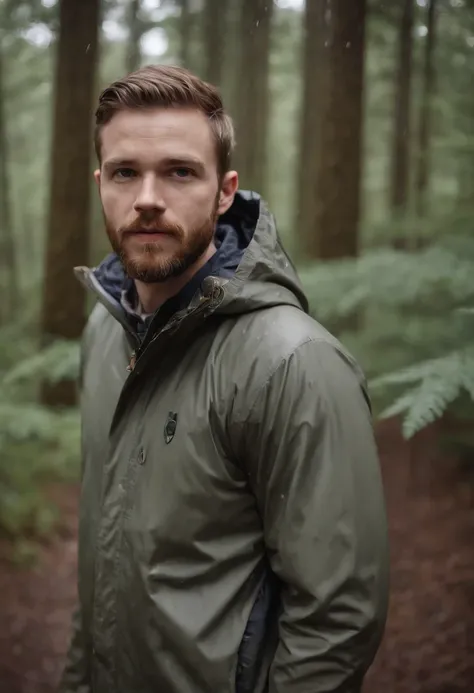 a picture of a 31 year old white male photographer with a beard torso up. rain jacket with hood up. holding his camera in the woods while it is raining hood up