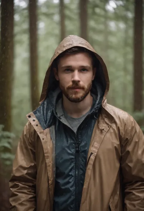 a picture of a 31 year old white male photographer with a beard torso up. rain jacket with hood up. holding his camera in the woods while it is raining hood up