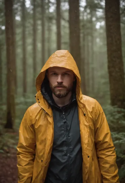 a picture of a 31 year old white male photographer with a beard torso up. rain jacket with hood up. holding his camera in the woods while it is raining hood up