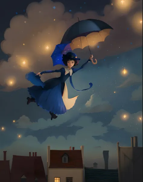 Theres a woman flying in the sky with an umbrella, Maria Poppins, inspirado em Ida Rentoul Outhwaite, inspirado em Esao Andrews, inspirado em Jakub Schikaneder, Directed by: Zsuzsa Máthé, illustration!, por Paul Bird, illustration", inspirado em Catrin Wel...