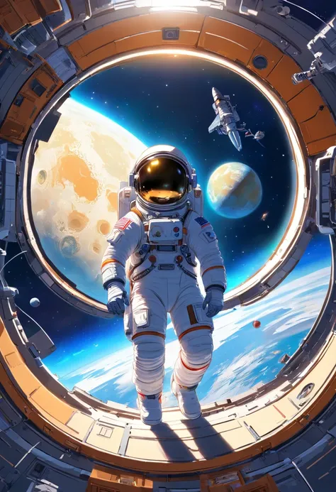 1 astronaut, helmet, space suit, (floating in zero gravity:1.2), earth, Moon, stars, (Reflect sunlight:0.8), Milky Way, (Distant galaxies:1.3), moons, (exhaust gas:0.9), (Cosmic background radiation:1.1), spacewalk, (Tethered to a spacecraft:1.4), (Weightl...