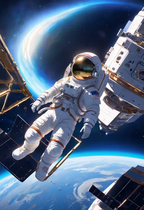 1 astronaut, helmet, space suit, (floating in zero gravity:1.2), earth, Moon, stars, (Reflect sunlight:0.8), Milky Way, (Distant galaxies:1.3), moons, (exhaust gas:0.9), (Cosmic background radiation:1.1), spacewalk, (Tethered to a spacecraft:1.4), (Weightl...