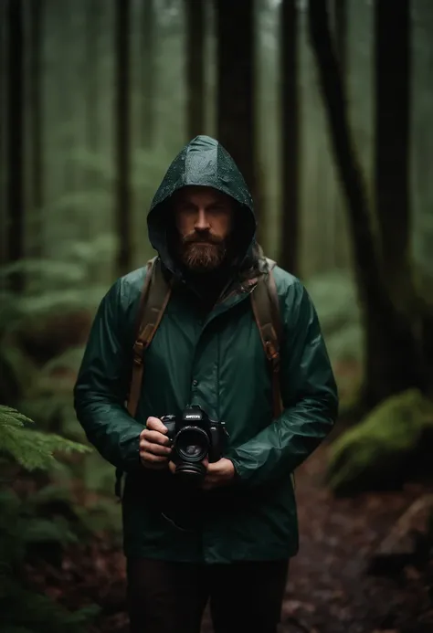 a picture of a 31 year old white male photographer with a beard holding his camera and wearing a rain jacket with hood in the woods while it is raining