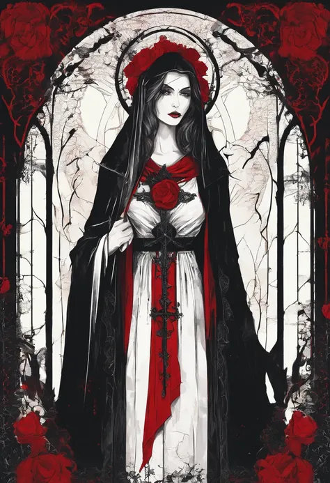 (sexy gothic demonic nun), dark, mysterious, enchanting, hauntingly beautiful, (detailed facial features, piercing eyes, dark red lips), black flowing robes, cross necklace, sensual, alluring pose, (candlelit backdrop, ominous atmosphere), (best quality, h...