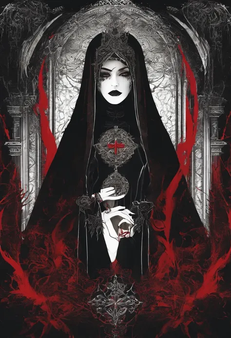 (sexy gothic demonic nun), dark, mysterious, enchanting, hauntingly beautiful, (detailed facial features, piercing eyes, dark red lips), black flowing robes, cross necklace, sensual, alluring pose, (candlelit backdrop, ominous atmosphere), (best quality, h...