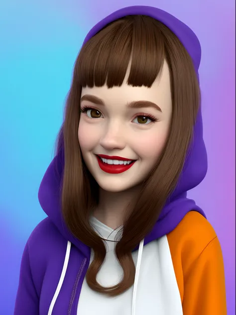 Pixar style: cute cartoon of a chubby 40 year old woman wearing a purple hoodie that says “I PURPLE YOU”, dark brown eyes and long straight dark brown hair with side bangs, red lips, blue jeans, white skin, pixar logo, 3d render, poster