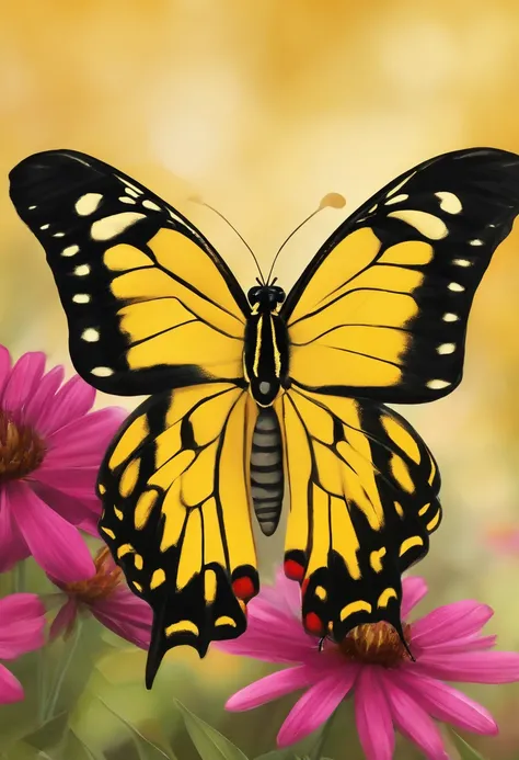 painting of a front view golden birdwing butterfly on a flower with a yellow background, golden birdwing butterfly, full color illustration, harmony of golden birdwing butterfly, golden birdwing butterfly, golden birdwing butterfly and sunrays, full color ...