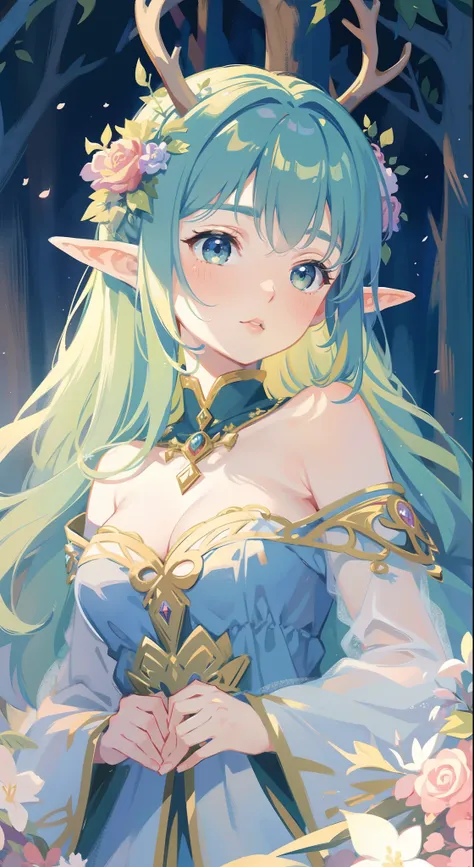 high high quality，masterpiece，Delicate facial features，Delicate hair，Delicate eyes，Delicate hair，animemanga girl，deer antlers，Black color hair，florals, Dreamy style, Fantastic flower garden，fantasy style clothing,Romantic dress,  beautiful and elegant elf ...