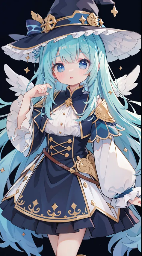 extremely detailed CG unified 8k wallpaper, very fine 8KCG wallpaper, absurderes，Lori ，Best Quality ，ultra-detail ，Beautiful face  ，​masterpiece、​masterpiece、Top image quality、top-quality、Pattsun bangs、Blue hair、Light blue witch costume、witchs hat、Light bl...