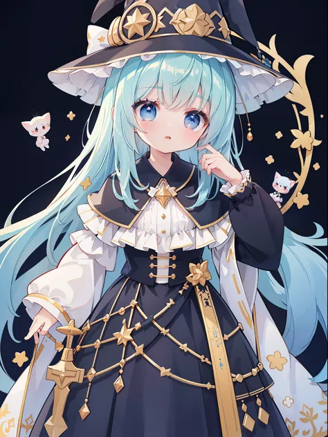 extremely detailed CG unified 8k wallpaper, very fine 8KCG wallpaper, absurderes，Lori ，Best Quality ，ultra-detailliert ，Beautiful face  ，​masterpiece、​masterpiece、Top image quality、top-quality、Pattsun bangs、witch costume、witchs hat、Light blue face、Two-side...