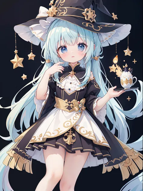 extremely detailed CG unified 8k wallpaper, very fine 8KCG wallpaper, absurderes，Lori ，Best Quality ，ultra-detailliert ，Beautiful face  ，​masterpiece、​masterpiece、Top image quality、top-quality、Pattsun bangs、witch costume、witchs hat、Light blue face、Two-side...