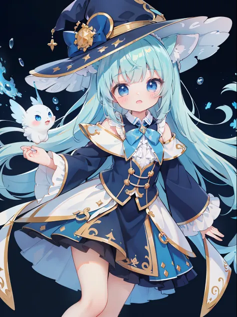 extremely detailed CG unified 8k wallpaper, very fine 8KCG wallpaper, absurderes，Lori ，Best Quality ，ultra-detailliert ，Beautiful face  ，​masterpiece、​masterpiece、Top image quality、top-quality、Pattsun bangs、Blue hair、Light blue witch costume、witchs hat、Lig...