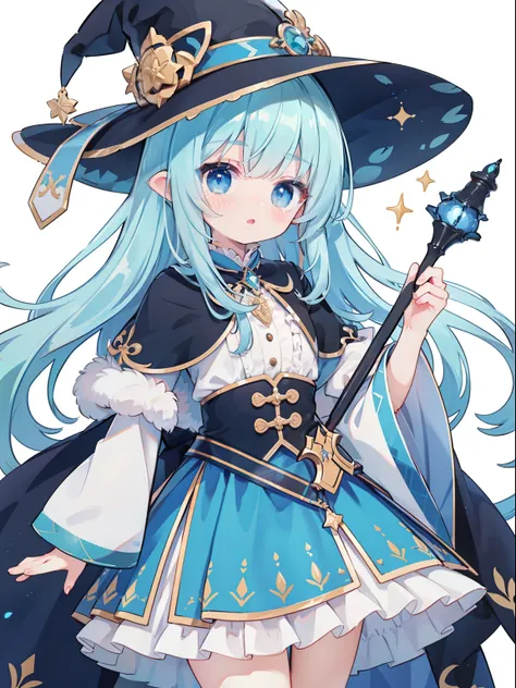 extremely detailed CG unified 8k wallpaper, very fine 8KCG wallpaper, absurderes，Lori ，Best Quality ，ultra-detailliert ，Beautiful face  ，​masterpiece、​masterpiece、Top image quality、top-quality、Pattsun bangs、Blue hair、Light blue witch costume、witchs hat、Lig...