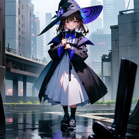 Rainy nights、An urban area lined with buildings、TOKYOcty、Standing Girl、Black coat、maid clothes、Dark brown lob hair with blue-violet mesh、Looking at me crying、Black sneakers with white shoelaces、Large witch hat with sapphire accessories、