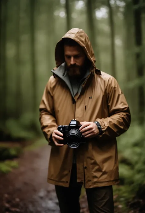 a picture of a 31 year old white male photographer with a beard holding a camera and wearing a zipped up tan rain jacket with the hood up in the woods while it is raining