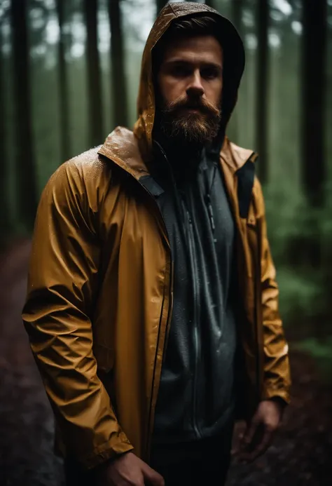 a picture of a 31 year old white male photographer with a beard holding a camera and wearing a zipped up tan rain jacket with the hood up in the woods while it is raining