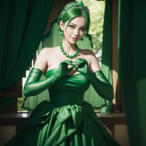 emerald tiara, Green Pearl Necklace, Boyish very short green hair, lipsticks, Japan woman smiling, very short short hair,  big breasts beautiful, Green eyes, Long green gloves made of satin material, Green eyes, Emerald Earrings, green vale, Heart with bot...